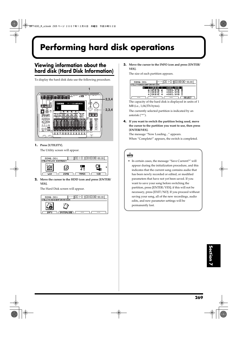 Performing hard disk operations, Viewing information about the, Hard disk (hard disk information) | Boss Audio Systems DIGITAL RECORDING STUDIO BR-1600CD User Manual | Page 269 / 312