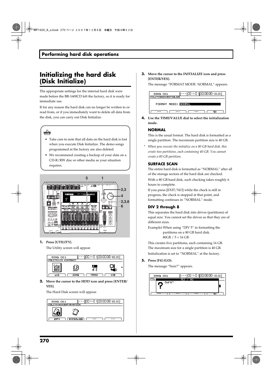 Initializing the hard disk (disk initialize), 270 performing hard disk operations | Boss Audio Systems DIGITAL RECORDING STUDIO BR-1600CD User Manual | Page 270 / 312