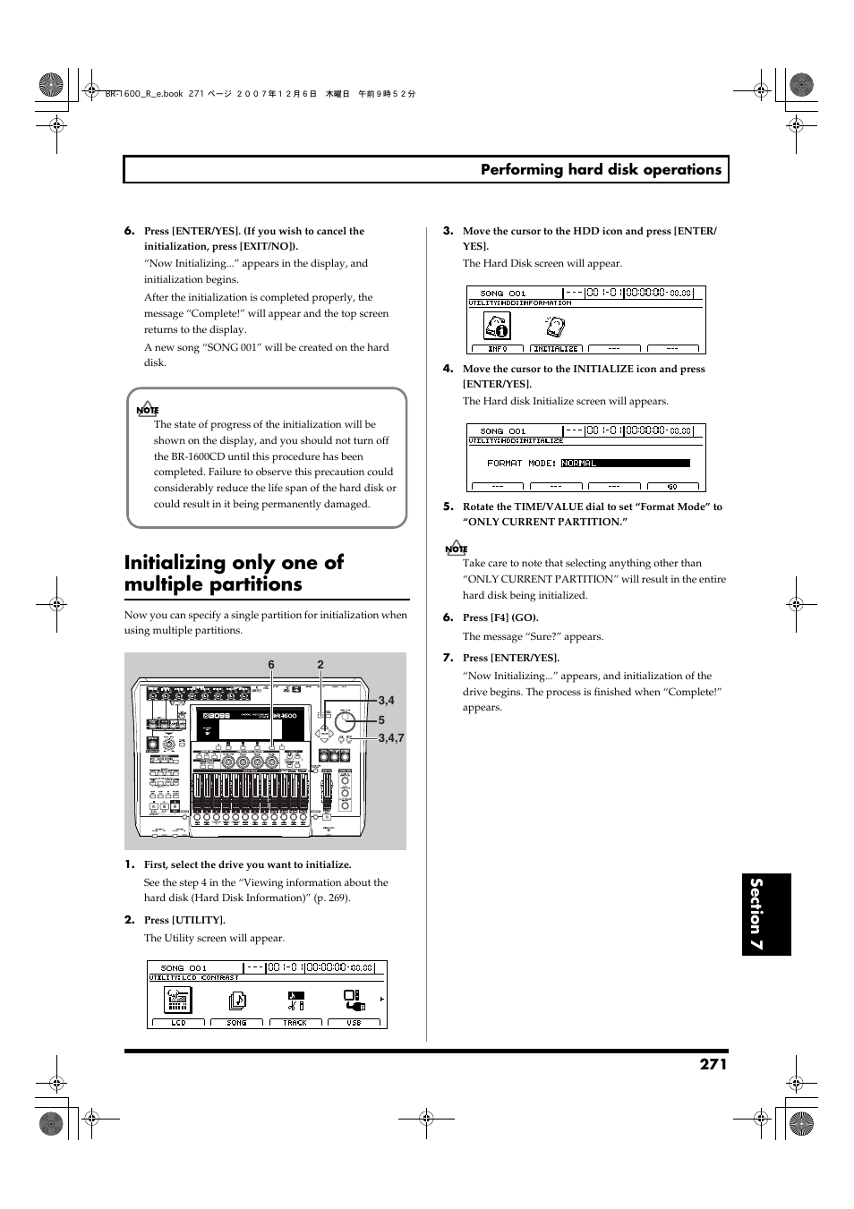 Initializing only one of multiple partitions, 271 performing hard disk operations | Boss Audio Systems DIGITAL RECORDING STUDIO BR-1600CD User Manual | Page 271 / 312