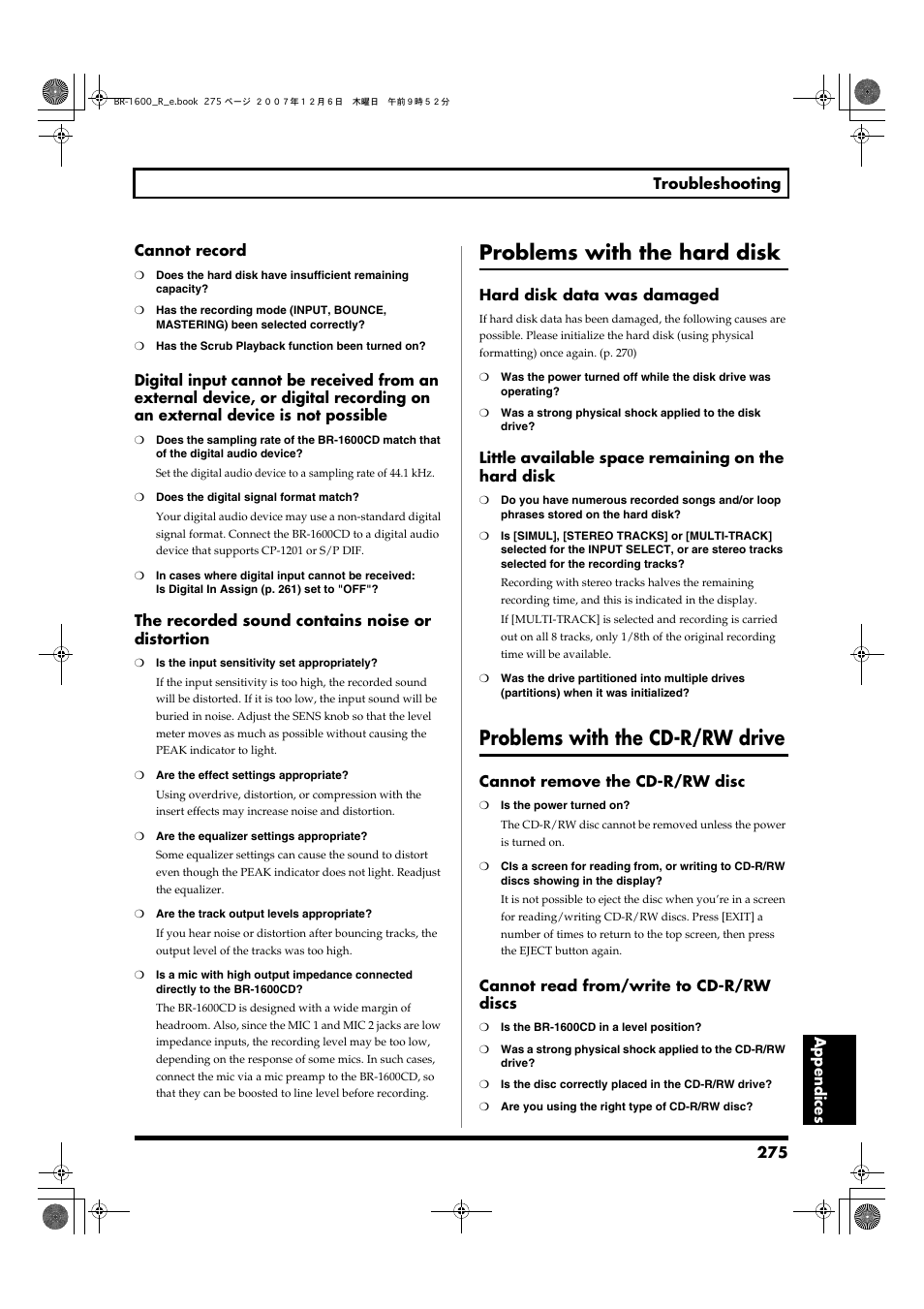 Problems with the hard disk, Problems with the cd-r/rw drive | Boss Audio Systems DIGITAL RECORDING STUDIO BR-1600CD User Manual | Page 275 / 312