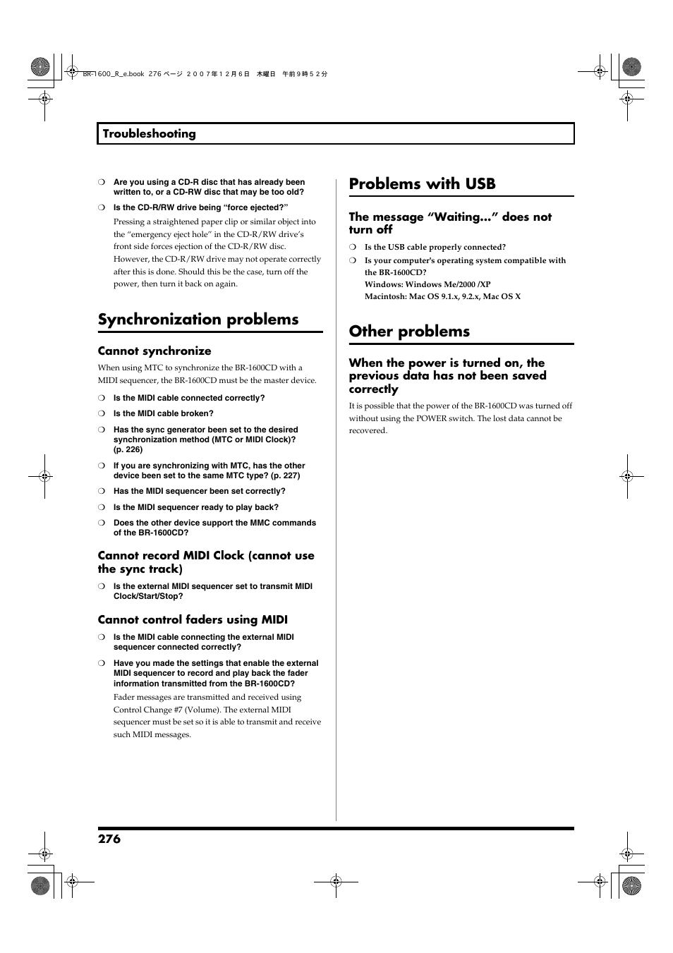 Synchronization problems, Problems with usb, Other problems | Boss Audio Systems DIGITAL RECORDING STUDIO BR-1600CD User Manual | Page 276 / 312