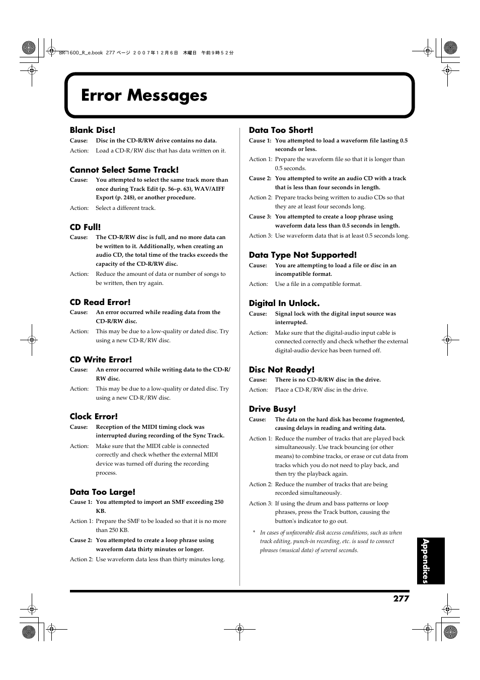 Error messages | Boss Audio Systems DIGITAL RECORDING STUDIO BR-1600CD User Manual | Page 277 / 312