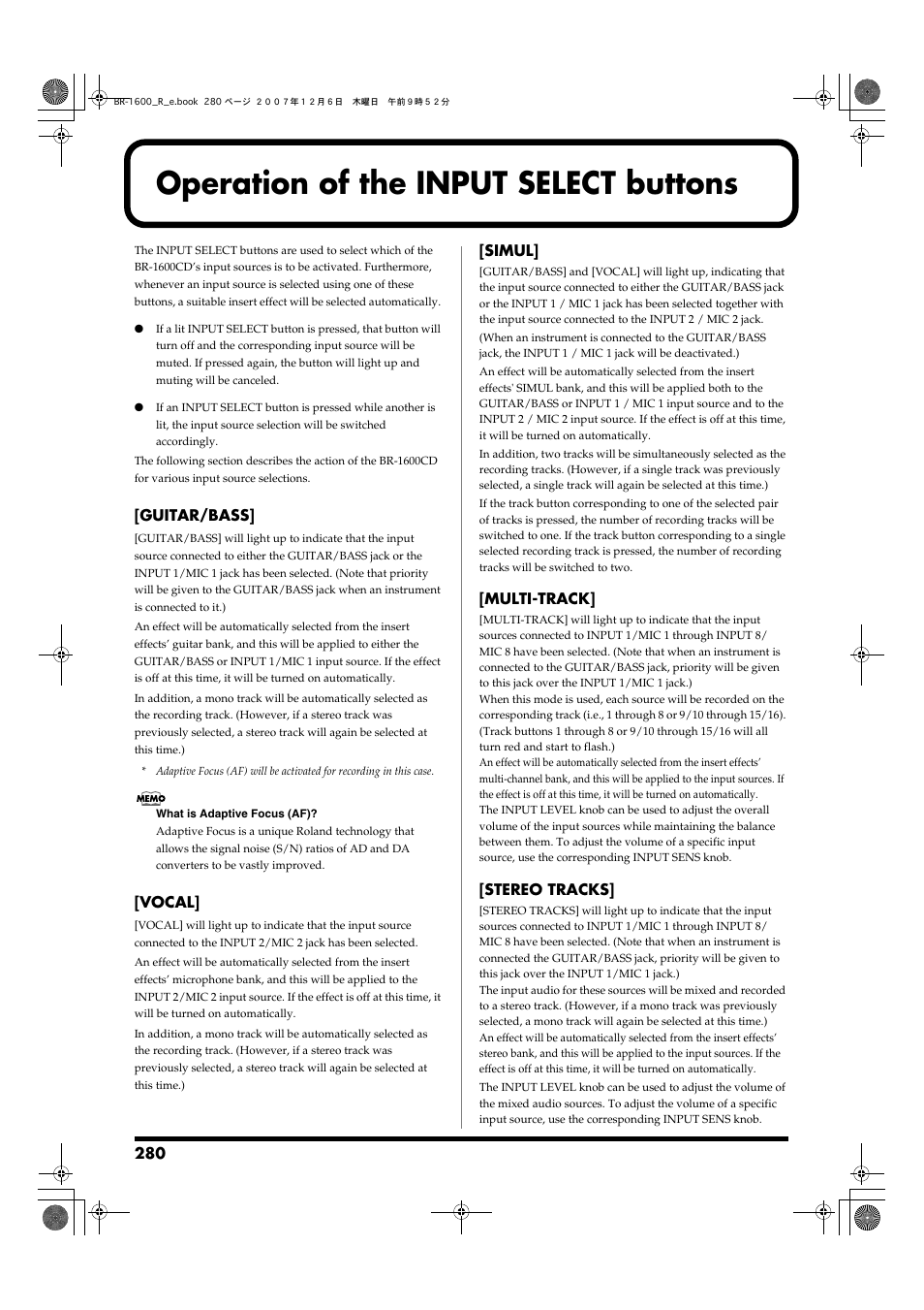 Operation of the input select buttons | Boss Audio Systems DIGITAL RECORDING STUDIO BR-1600CD User Manual | Page 280 / 312