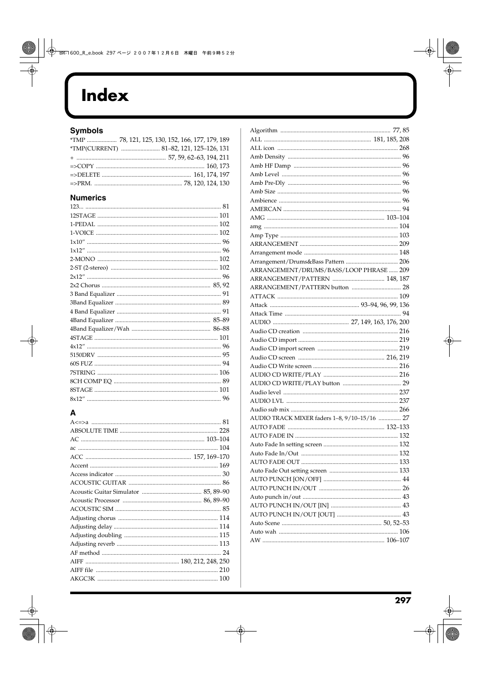 Index | Boss Audio Systems DIGITAL RECORDING STUDIO BR-1600CD User Manual | Page 297 / 312