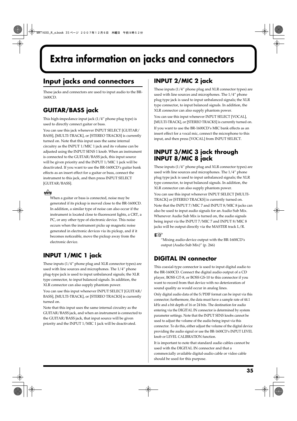 Extra information on jacks and connectors, Input jacks and connectors, Guitar/bass jack | Input 1/mic 1 jack, Input 2/mic 2 jack, Input 3/mic 3 jack through input 8/mic 8 jack, Digital in connector, Digital in connector” (p. 35) | Boss Audio Systems DIGITAL RECORDING STUDIO BR-1600CD User Manual | Page 35 / 312