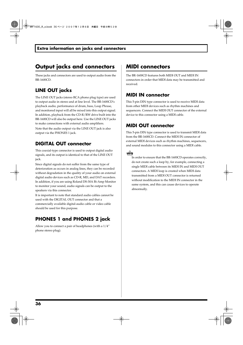 Output jacks and connectors, Line out jacks, Digital out connector | Phones 1 and phones 2 jack, Midi connectors, Midi in connector, Midi out connector, Midi in connector midi out connector, Midi connectors” (p. 36), Digital out connector” (p. 36) | Boss Audio Systems DIGITAL RECORDING STUDIO BR-1600CD User Manual | Page 36 / 312