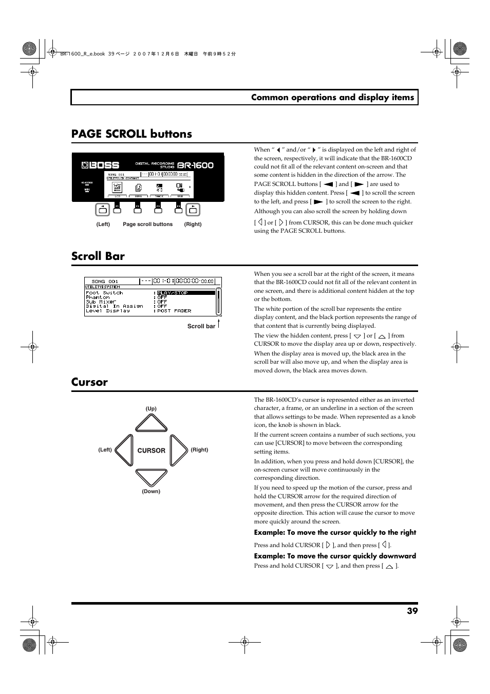 Scroll bar, Cursor, Page scroll buttons | 39 common operations and display items | Boss Audio Systems DIGITAL RECORDING STUDIO BR-1600CD User Manual | Page 39 / 312