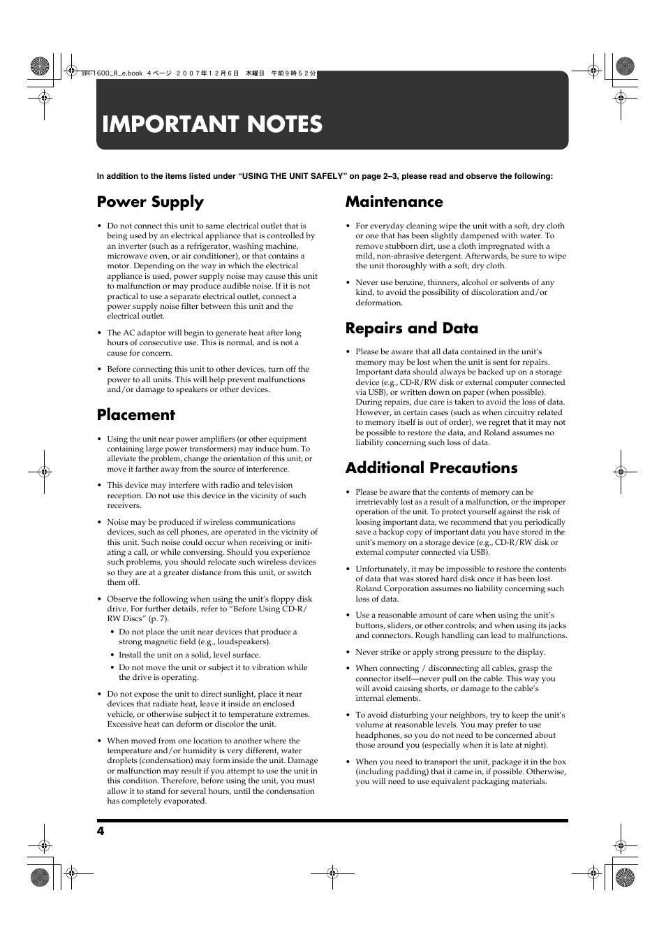 Important notes, Power supply, Placement | Maintenance, Repairs and data, Additional precautions | Boss Audio Systems DIGITAL RECORDING STUDIO BR-1600CD User Manual | Page 4 / 312