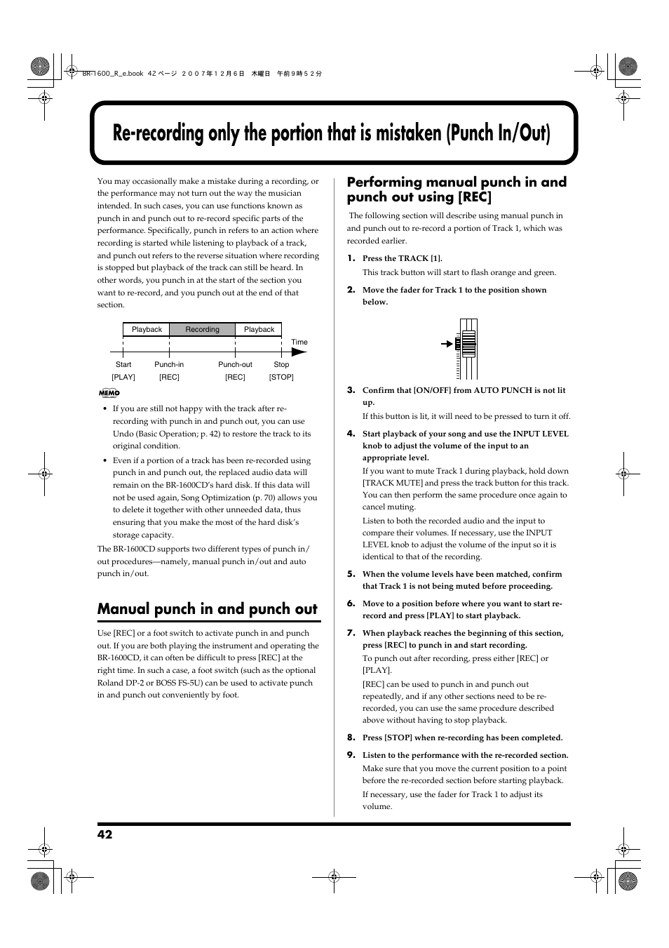 Manual punch in and punch out | Boss Audio Systems DIGITAL RECORDING STUDIO BR-1600CD User Manual | Page 42 / 312