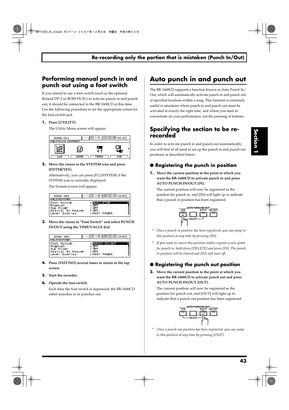 Auto punch in and punch out, Specifying the section to be re- recorded, Specifying the section to be re-recorded | Boss Audio Systems DIGITAL RECORDING STUDIO BR-1600CD User Manual | Page 43 / 312