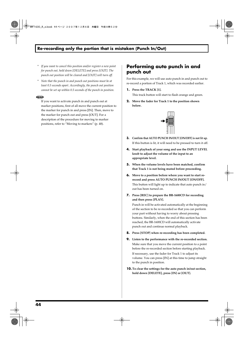 Performing auto punch in and punch out | Boss Audio Systems DIGITAL RECORDING STUDIO BR-1600CD User Manual | Page 44 / 312