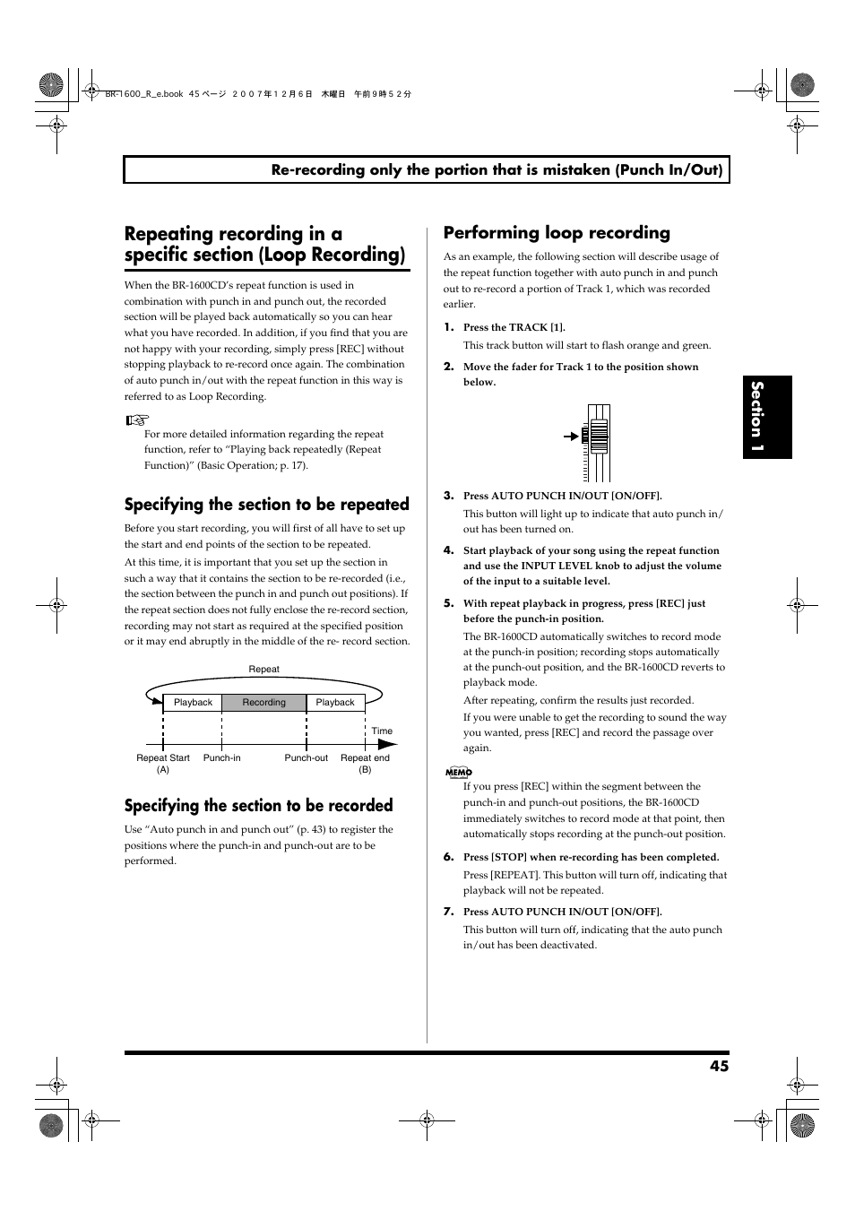 Specifying the section to be repeated, Specifying the section to be recorded, Performing loop recording | Repeating recording in a | Boss Audio Systems DIGITAL RECORDING STUDIO BR-1600CD User Manual | Page 45 / 312