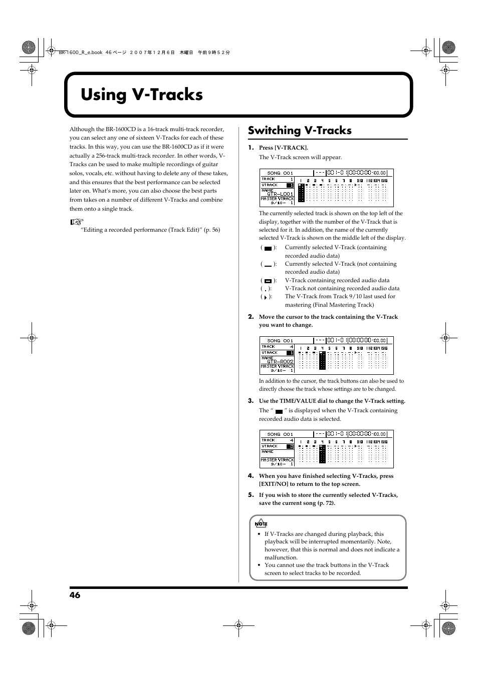 Using v-tracks, Switching v-tracks, Calls up a screen for selecting v-tracks (p. 46) | Boss Audio Systems DIGITAL RECORDING STUDIO BR-1600CD User Manual | Page 46 / 312