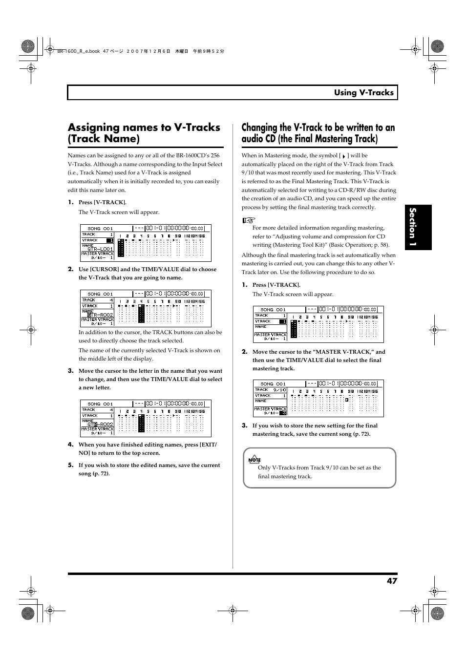 Assigning names to v-tracks (track name), Changing the v-track to be written to an, Audio cd (the final mastering track) | 47 using v-tracks | Boss Audio Systems DIGITAL RECORDING STUDIO BR-1600CD User Manual | Page 47 / 312