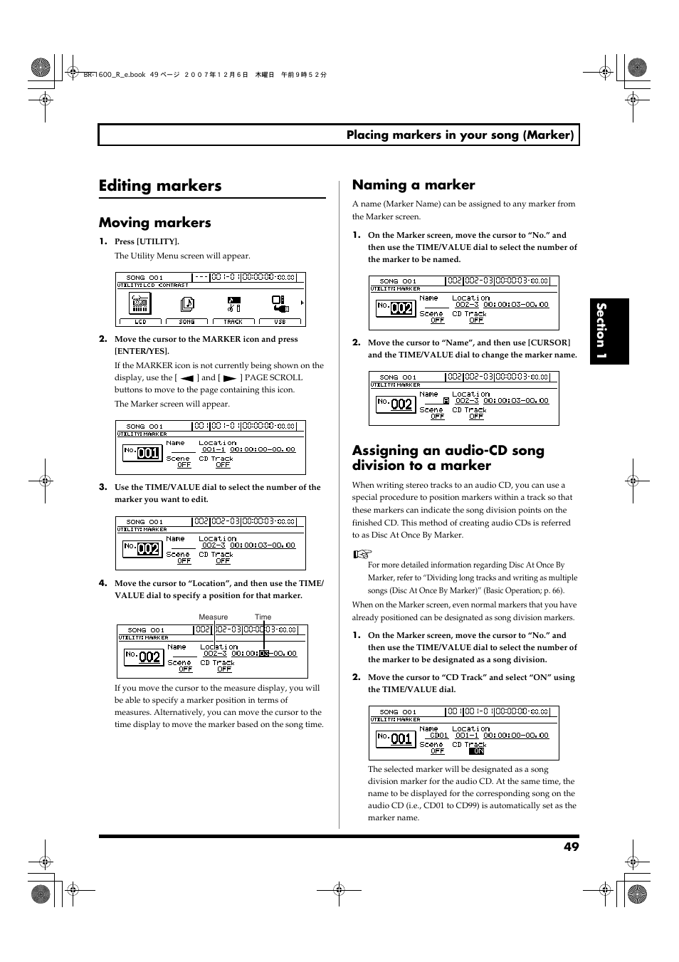 Editing markers, Moving markers, Naming a marker | Assigning an audio-cd song division to a marker, 49 placing markers in your song (marker) | Boss Audio Systems DIGITAL RECORDING STUDIO BR-1600CD User Manual | Page 49 / 312