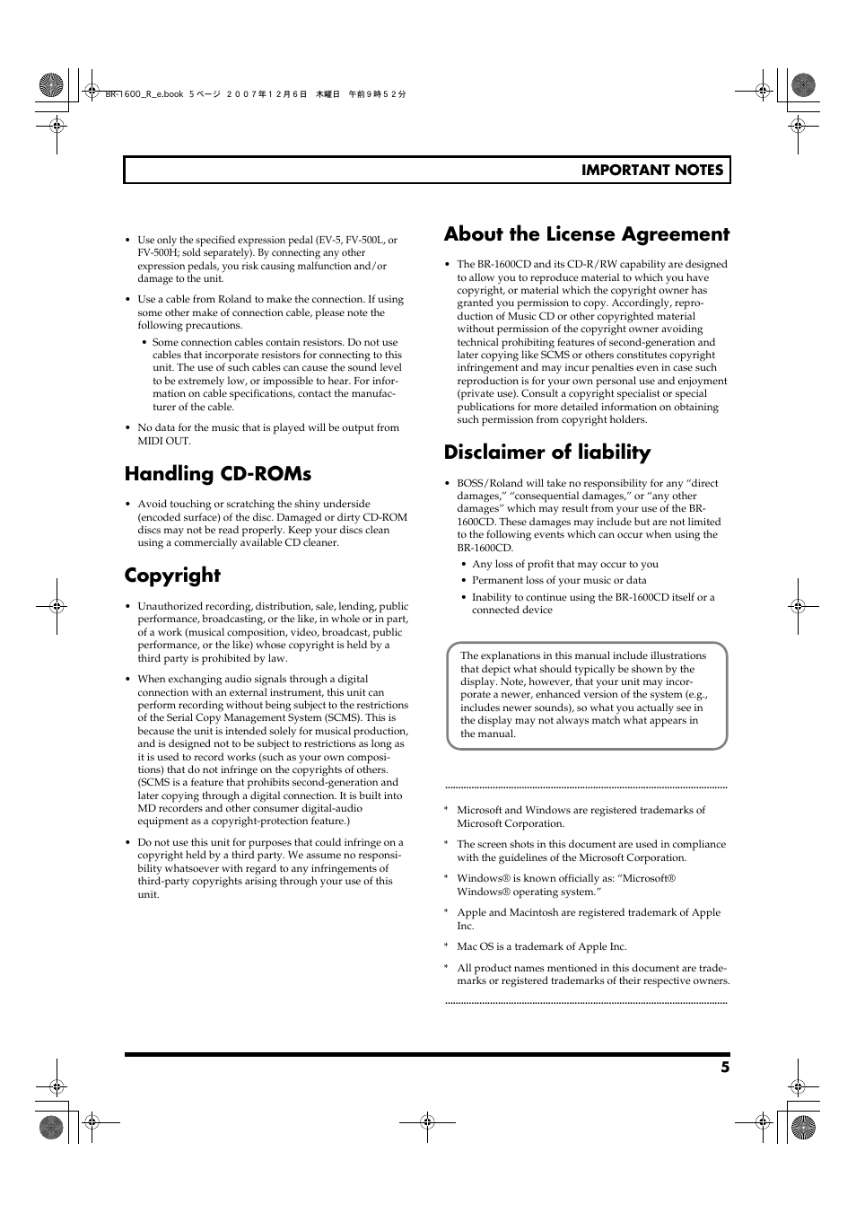 Handling cd-roms, Copyright, About the license agreement | Disclaimer of liability | Boss Audio Systems DIGITAL RECORDING STUDIO BR-1600CD User Manual | Page 5 / 312