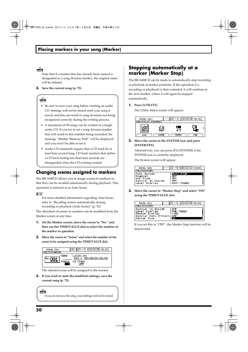 Changing scenes assigned to markers, Stopping automatically at a marker (marker stop), 50 placing markers in your song (marker) | Boss Audio Systems DIGITAL RECORDING STUDIO BR-1600CD User Manual | Page 50 / 312