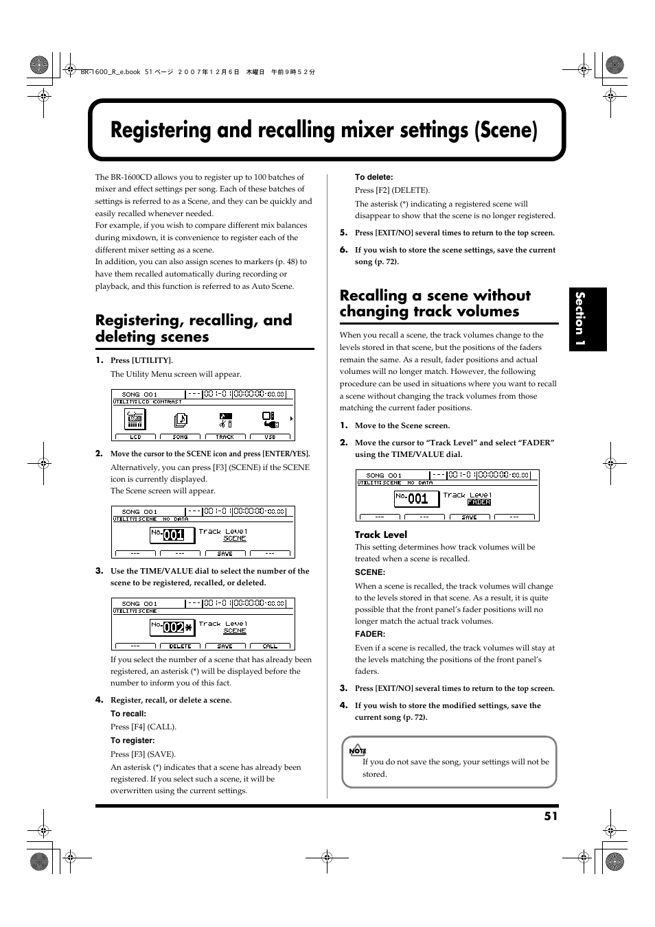 Registering and recalling mixer settings (scene), Registering, recalling, and deleting scenes, Recalling a scene without changing track volumes | Boss Audio Systems DIGITAL RECORDING STUDIO BR-1600CD User Manual | Page 51 / 312