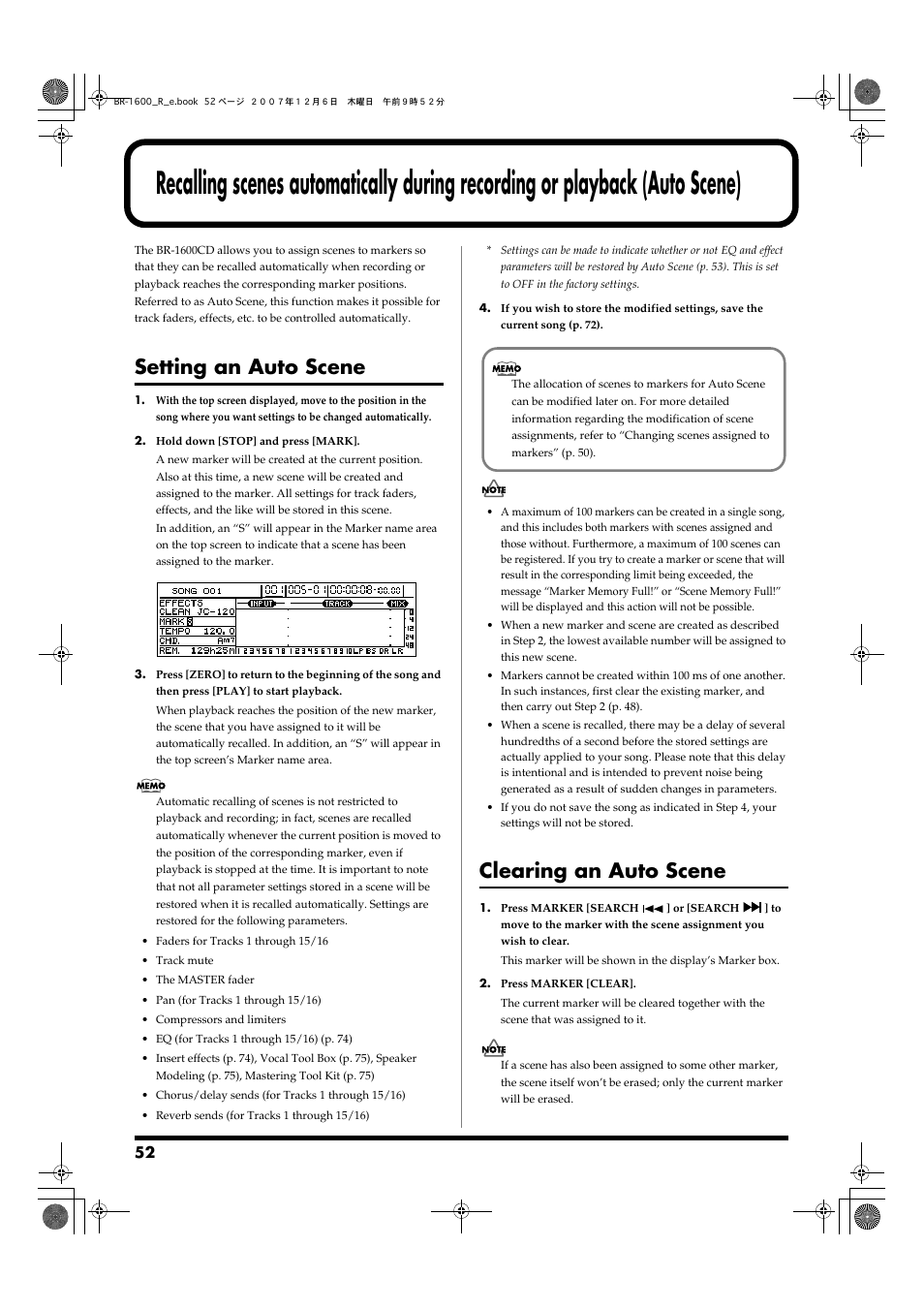 Setting an auto scene, Clearing an auto scene | Boss Audio Systems DIGITAL RECORDING STUDIO BR-1600CD User Manual | Page 52 / 312