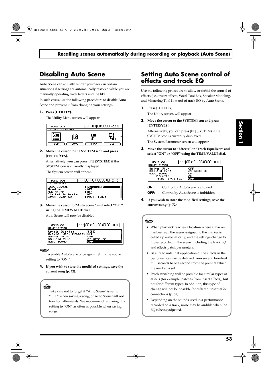 Disabling auto scene, Setting auto scene control of effects and track eq | Boss Audio Systems DIGITAL RECORDING STUDIO BR-1600CD User Manual | Page 53 / 312