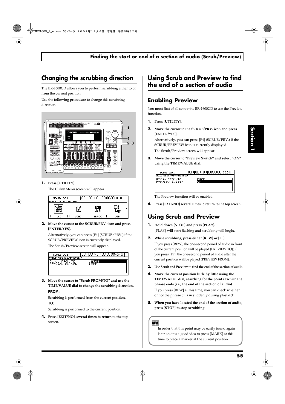 Changing the scrubbing direction, Enabling preview, Using scrub and preview | Enabling preview using scrub and preview, Using scrub and preview to find | Boss Audio Systems DIGITAL RECORDING STUDIO BR-1600CD User Manual | Page 55 / 312