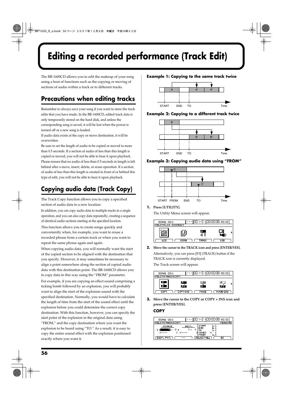 Editing a recorded performance (track edit), Precautions when editing tracks, Copying audio data (track copy) | Boss Audio Systems DIGITAL RECORDING STUDIO BR-1600CD User Manual | Page 56 / 312