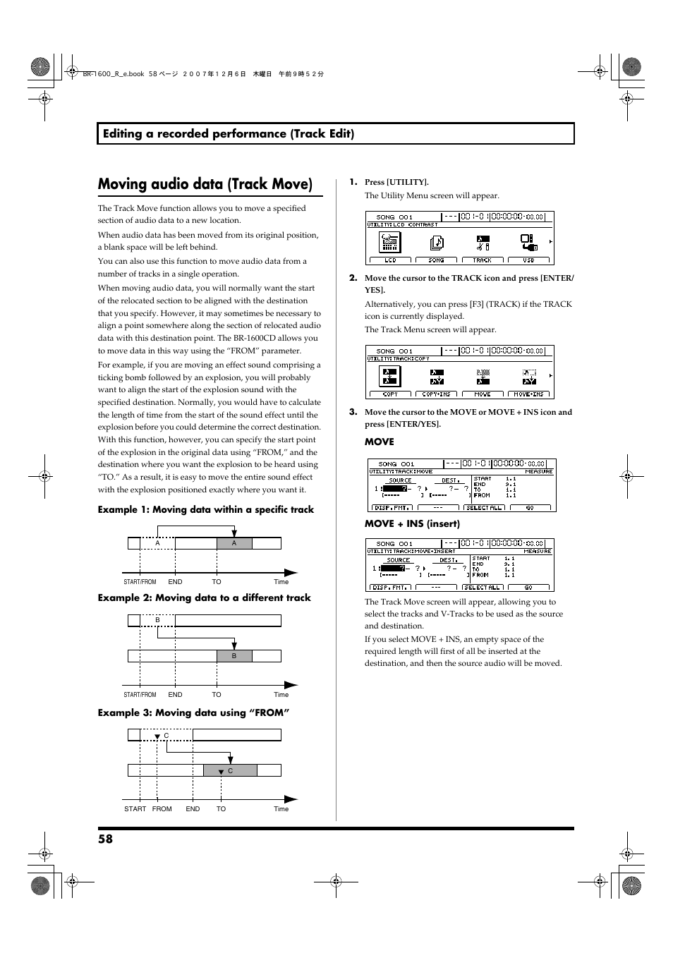 Moving audio data (track move), 58 editing a recorded performance (track edit) | Boss Audio Systems DIGITAL RECORDING STUDIO BR-1600CD User Manual | Page 58 / 312