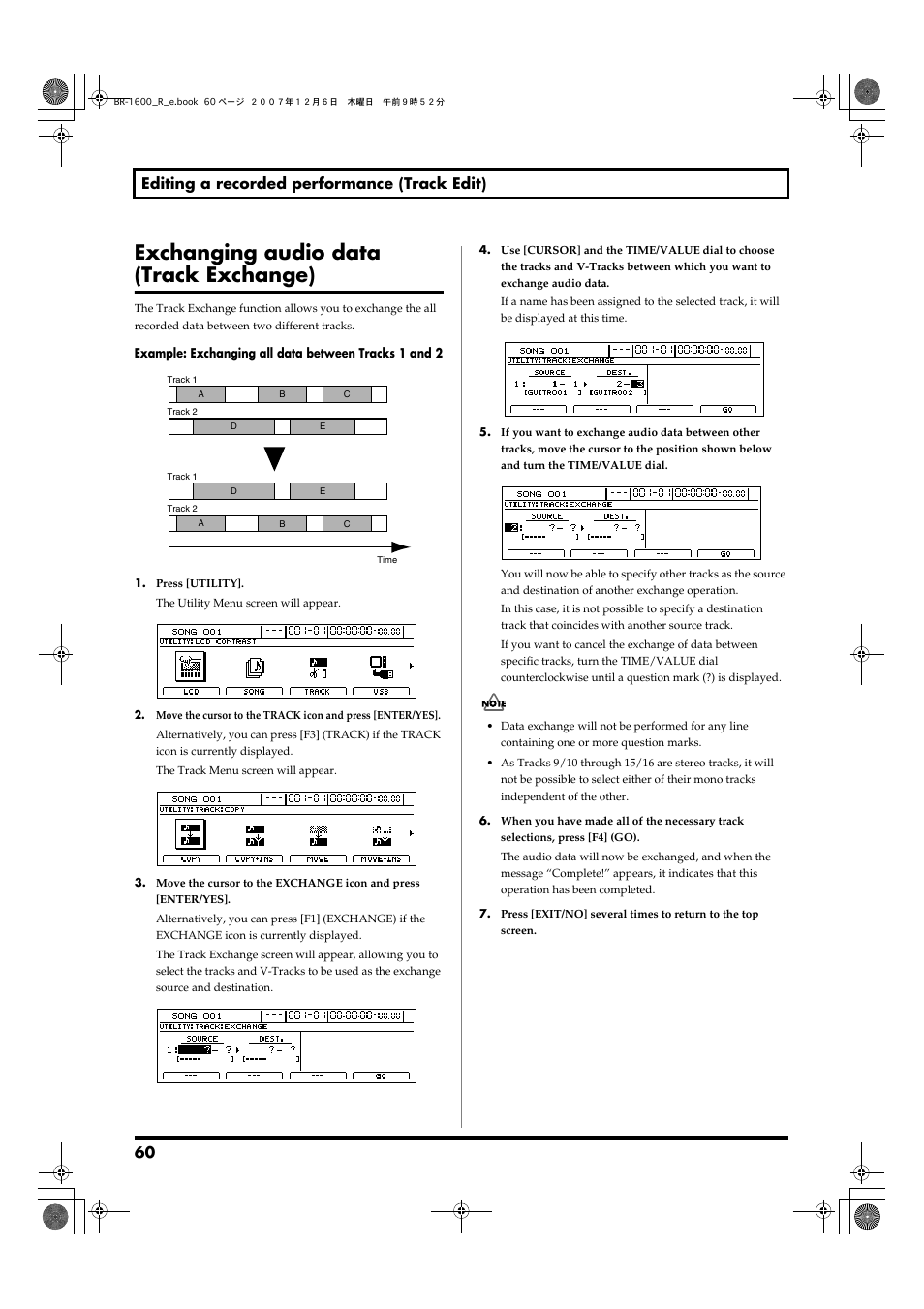 Exchanging audio data (track exchange), 60 editing a recorded performance (track edit) | Boss Audio Systems DIGITAL RECORDING STUDIO BR-1600CD User Manual | Page 60 / 312