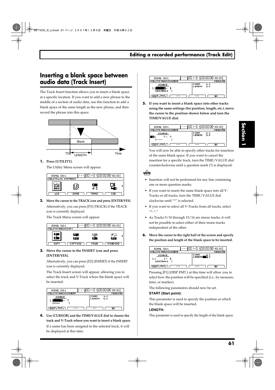 Inserting a blank space between, Audio data (track insert), 61 editing a recorded performance (track edit) | Boss Audio Systems DIGITAL RECORDING STUDIO BR-1600CD User Manual | Page 61 / 312