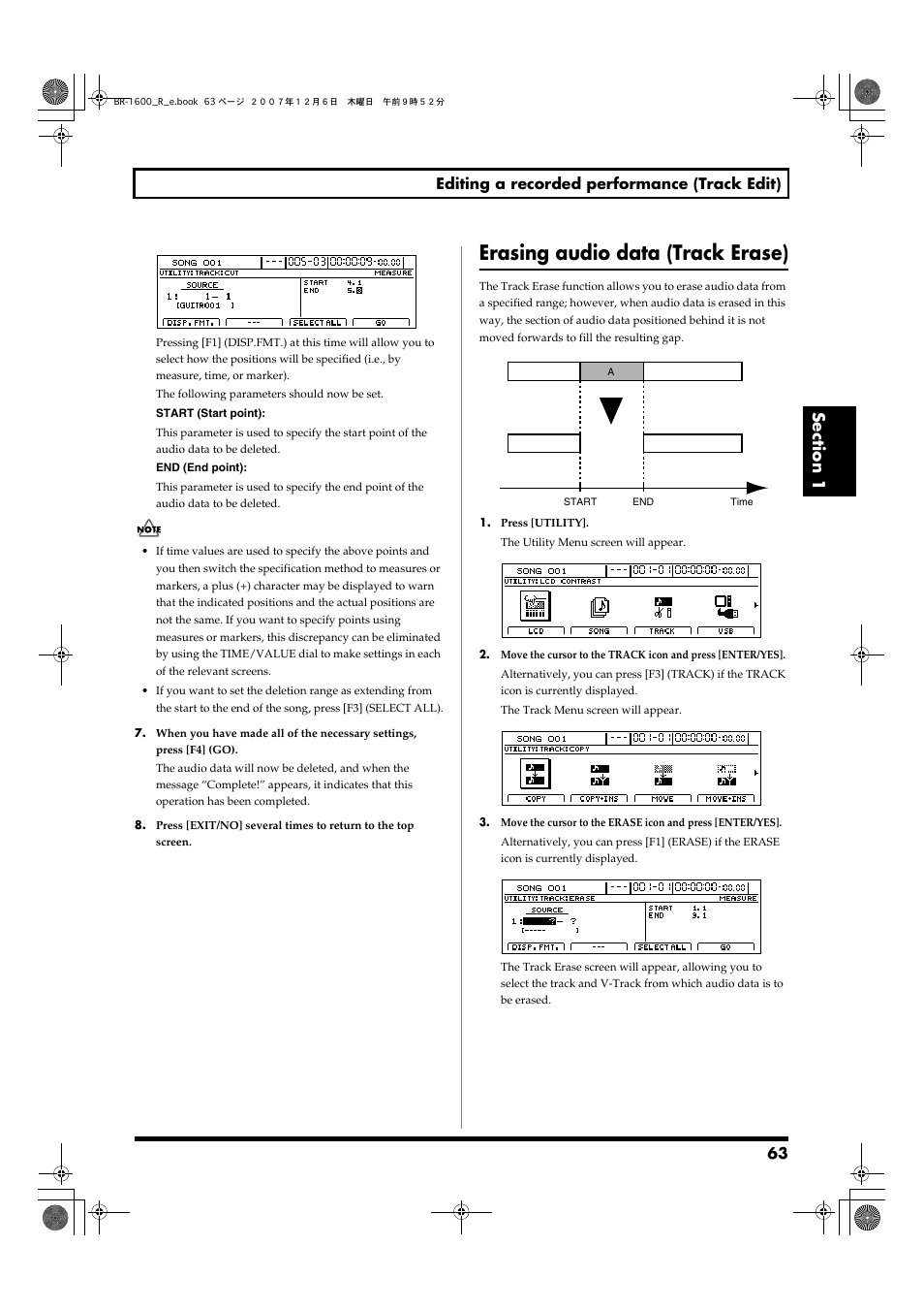 Erasing audio data (track erase), 63 editing a recorded performance (track edit) | Boss Audio Systems DIGITAL RECORDING STUDIO BR-1600CD User Manual | Page 63 / 312