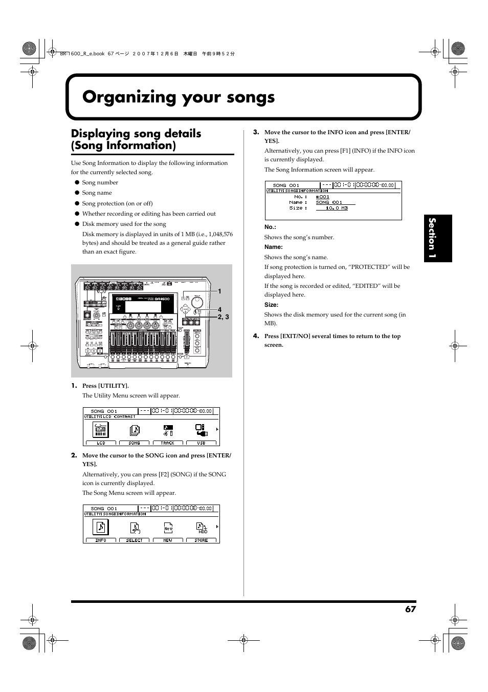 Organizing your songs, Displaying song details (song information) | Boss Audio Systems DIGITAL RECORDING STUDIO BR-1600CD User Manual | Page 67 / 312