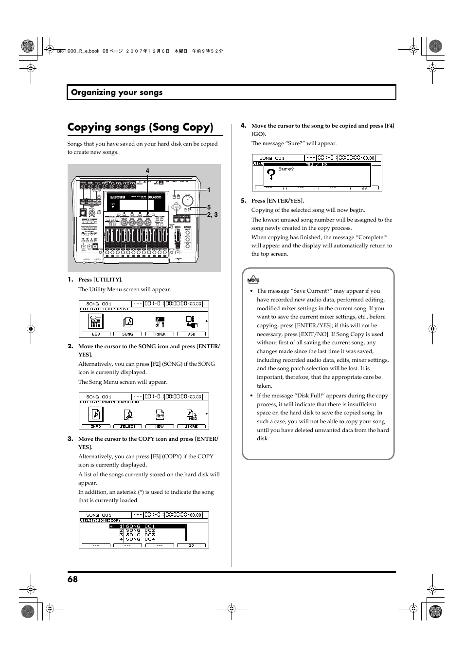 Copying songs (song copy), 68 organizing your songs | Boss Audio Systems DIGITAL RECORDING STUDIO BR-1600CD User Manual | Page 68 / 312