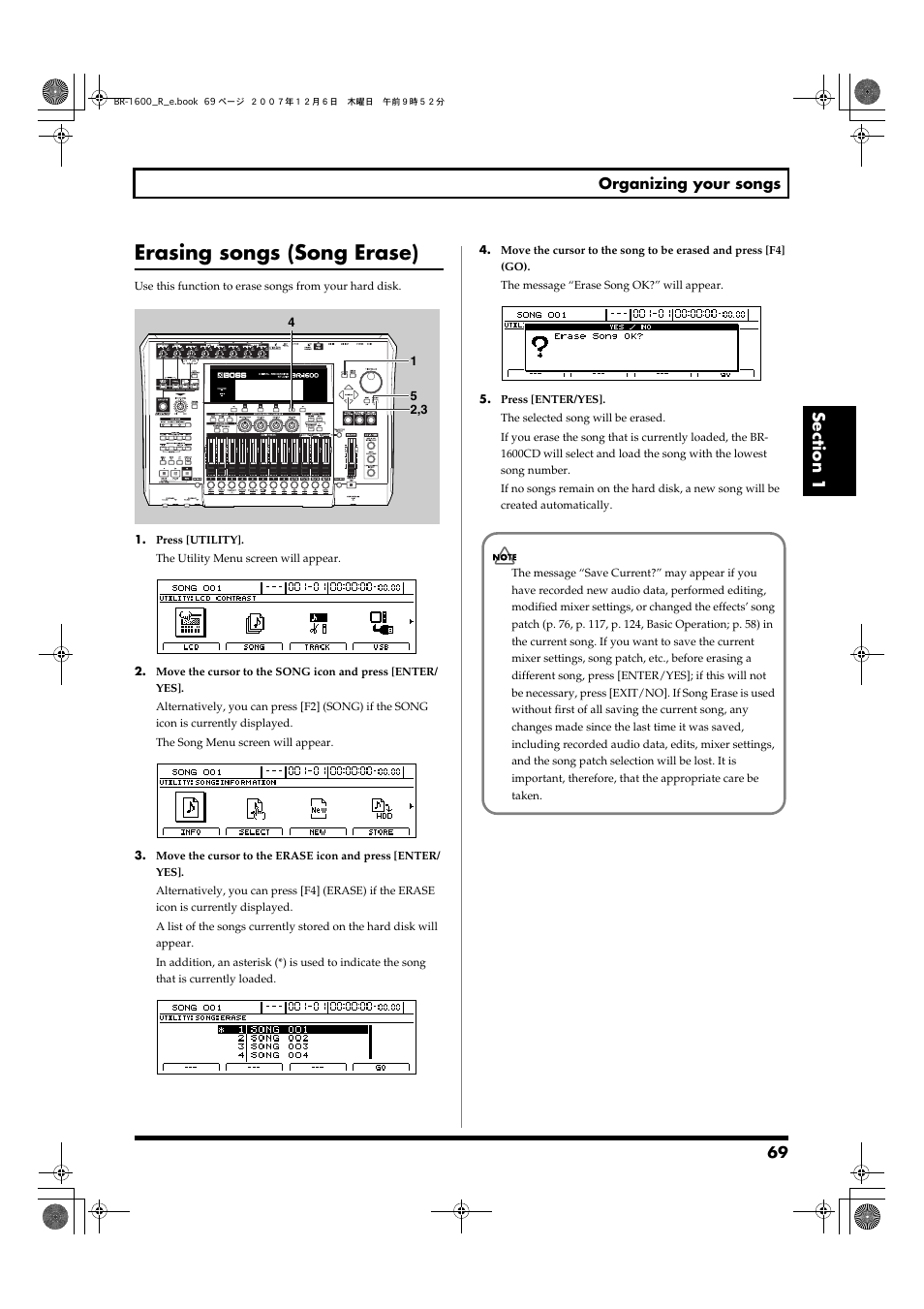 Erasing songs (song erase), 69 organizing your songs | Boss Audio Systems DIGITAL RECORDING STUDIO BR-1600CD User Manual | Page 69 / 312