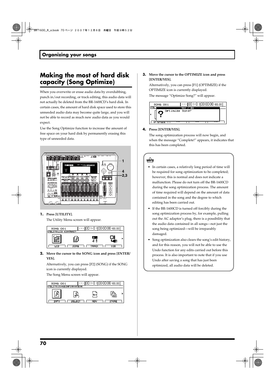 Making the most of hard disk, Capacity (song optimize), 70 organizing your songs | Boss Audio Systems DIGITAL RECORDING STUDIO BR-1600CD User Manual | Page 70 / 312