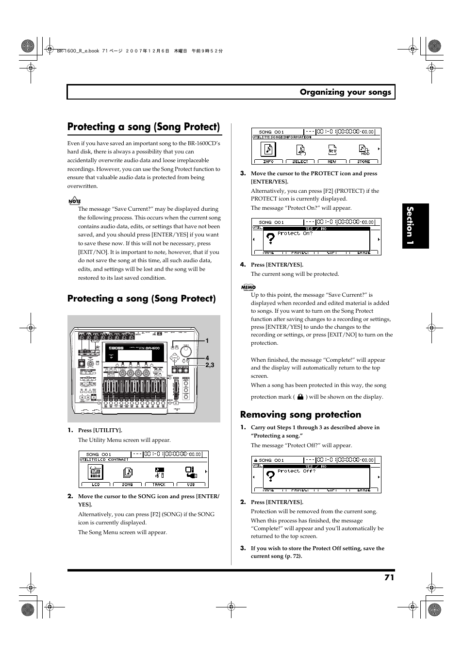 Protecting a song (song protect), Removing song protection, 71), the letter | 71 organizing your songs | Boss Audio Systems DIGITAL RECORDING STUDIO BR-1600CD User Manual | Page 71 / 312