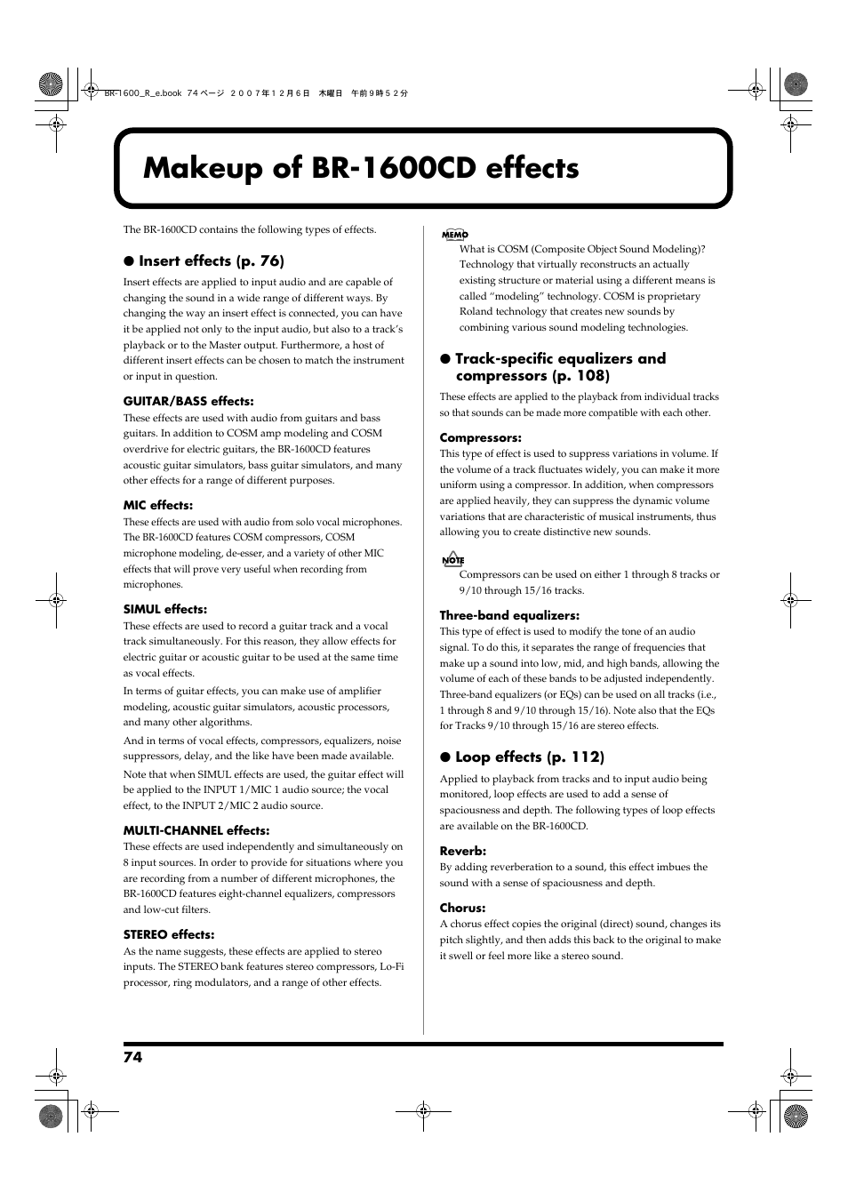 Makeup of br-1600cd effects, Eq (for tracks 1 through 15/16) (p. 74) | Boss Audio Systems DIGITAL RECORDING STUDIO BR-1600CD User Manual | Page 74 / 312