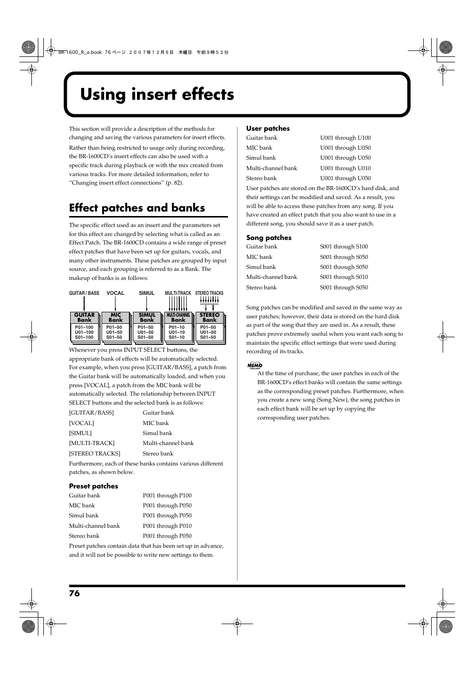 Using insert effects, Effect patches and banks | Boss Audio Systems DIGITAL RECORDING STUDIO BR-1600CD User Manual | Page 76 / 312