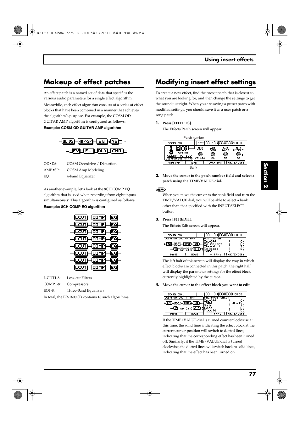 Makeup of effect patches, Modifying insert effect settings, 77 using insert effects | Boss Audio Systems DIGITAL RECORDING STUDIO BR-1600CD User Manual | Page 77 / 312