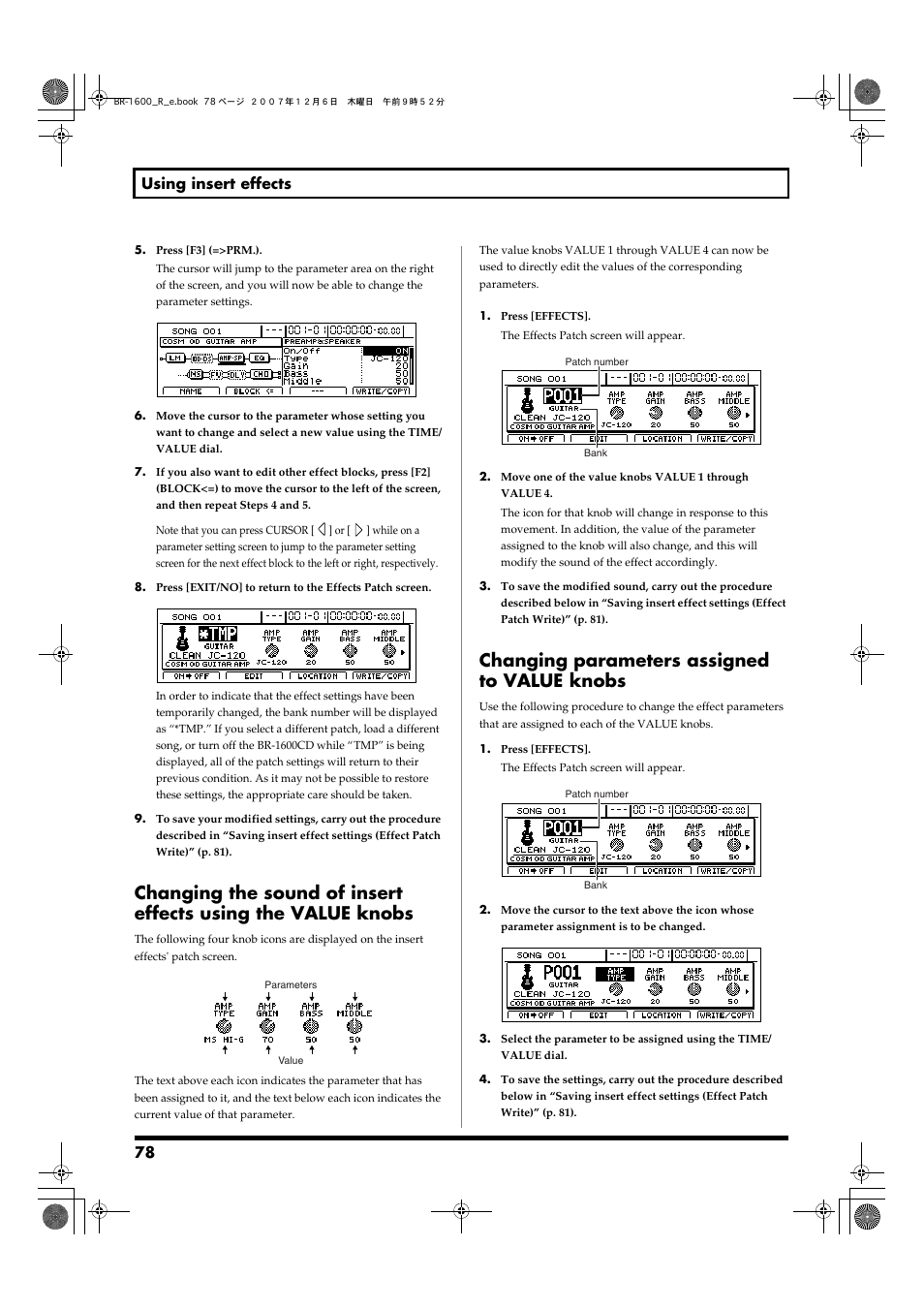 Changing parameters assigned to value knobs, 78 using insert effects | Boss Audio Systems DIGITAL RECORDING STUDIO BR-1600CD User Manual | Page 78 / 312