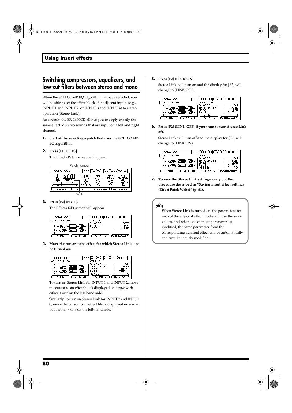 Switching compressors, equalizers, and, Low-cut filters between stereo and mono, 80 using insert effects | Boss Audio Systems DIGITAL RECORDING STUDIO BR-1600CD User Manual | Page 80 / 312