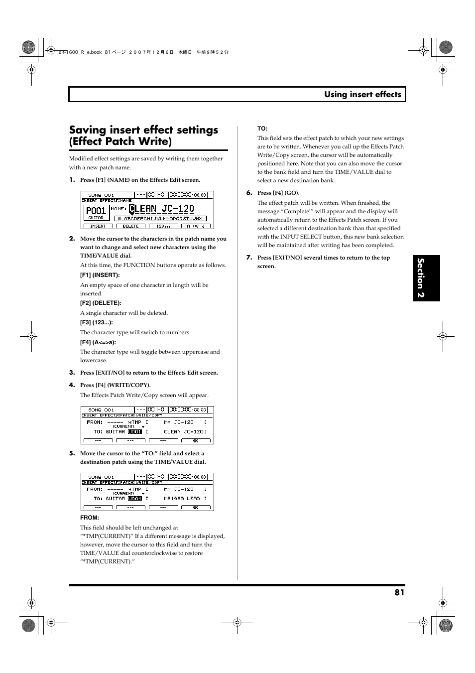 Saving insert effect settings (effect patch write), 81 using insert effects | Boss Audio Systems DIGITAL RECORDING STUDIO BR-1600CD User Manual | Page 81 / 312