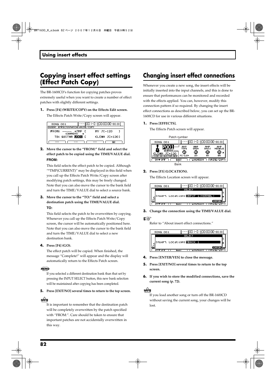 Copying insert effect settings (effect patch copy), Changing insert effect connections, 82 using insert effects | Boss Audio Systems DIGITAL RECORDING STUDIO BR-1600CD User Manual | Page 82 / 312