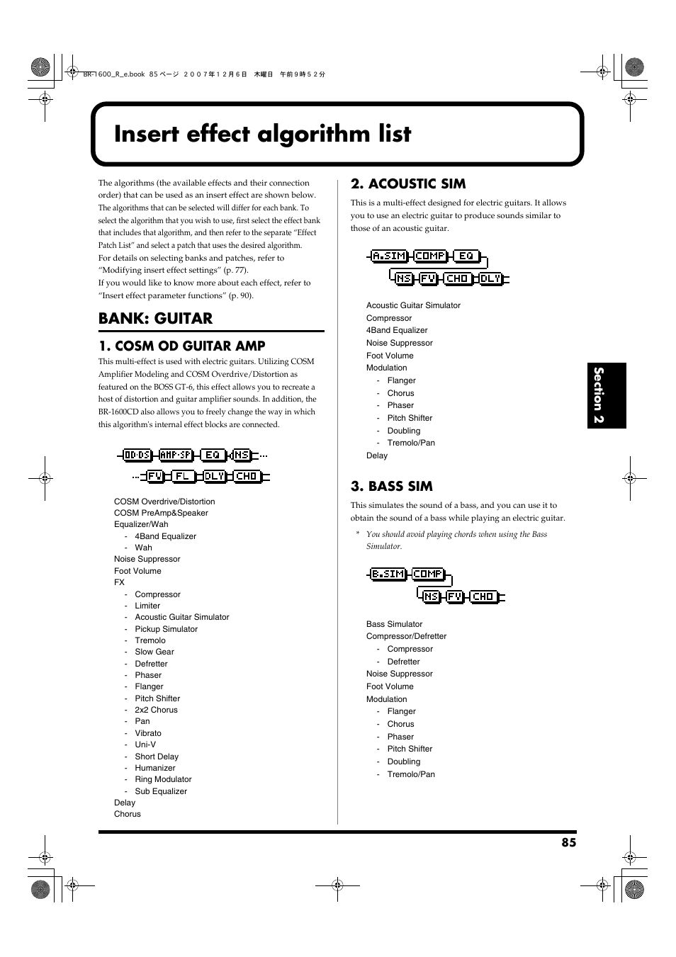 Insert effect algorithm list, Bank: guitar, Cosm od guitar amp | Acoustic sim, Bass sim, Cosm od guitar amp 2. acoustic sim 3. bass sim | Boss Audio Systems DIGITAL RECORDING STUDIO BR-1600CD User Manual | Page 85 / 312