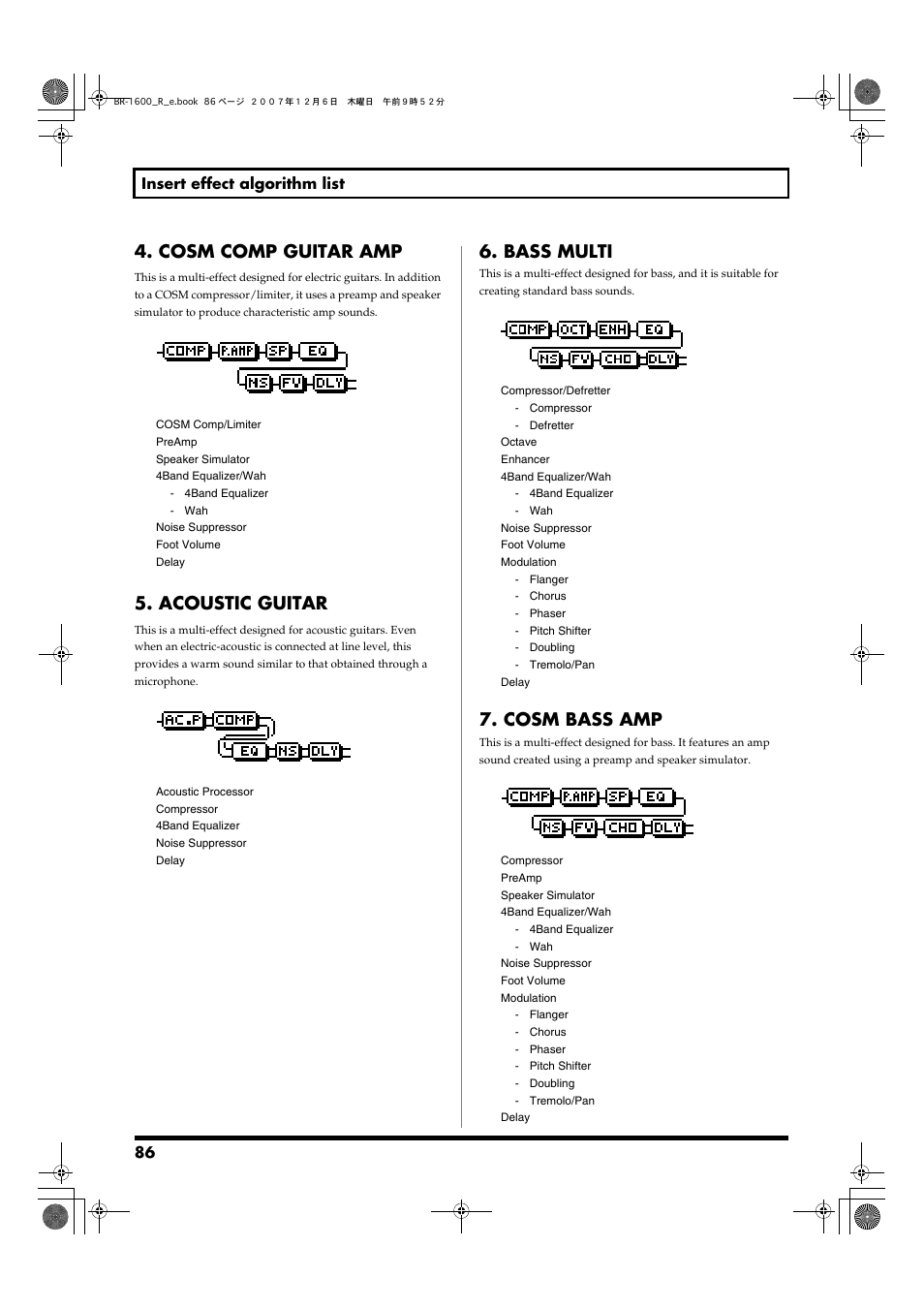 Cosm comp guitar amp, Acoustic guitar, Bass multi | Cosm bass amp, Cosm comp guitar amp 5. acoustic guitar, Bass multi 7. cosm bass amp, 86 insert effect algorithm list | Boss Audio Systems DIGITAL RECORDING STUDIO BR-1600CD User Manual | Page 86 / 312