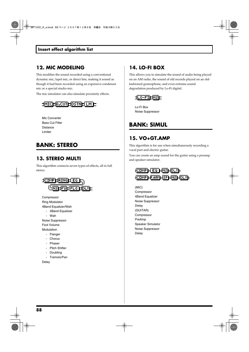 Mic modeling, Bank: stereo, Stereo multi | Lo-fi box, Bank: simul, Vo+gt.amp, Stereo multi 14. lo-fi box | Boss Audio Systems DIGITAL RECORDING STUDIO BR-1600CD User Manual | Page 88 / 312