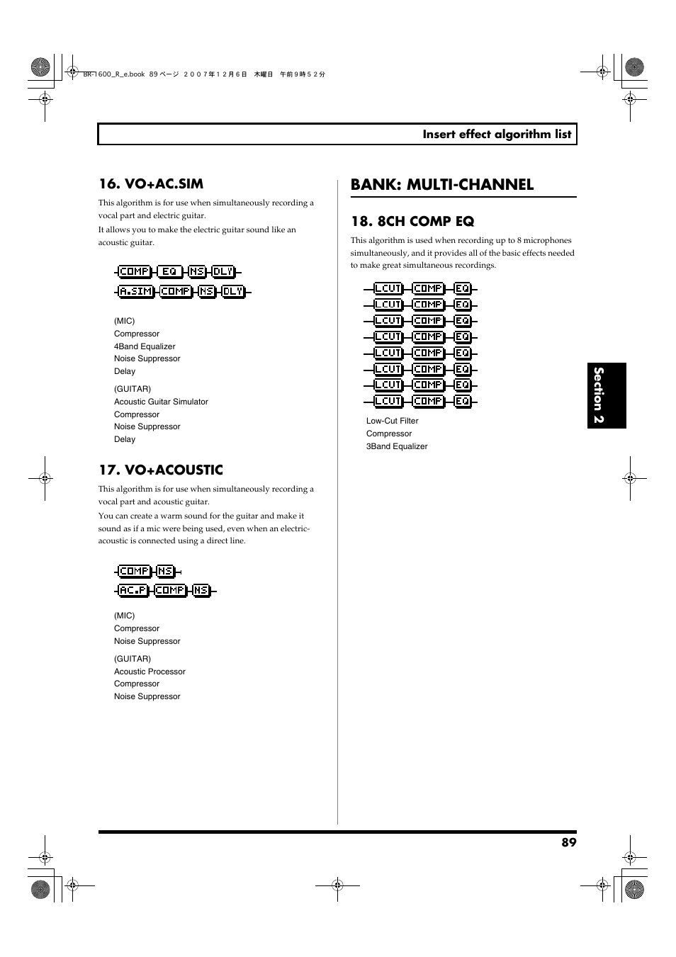 Vo+ac.sim, Vo+acoustic, Bank: multi-channel | 8ch comp eq, Vo+ac.sim 17. vo+acoustic | Boss Audio Systems DIGITAL RECORDING STUDIO BR-1600CD User Manual | Page 89 / 312