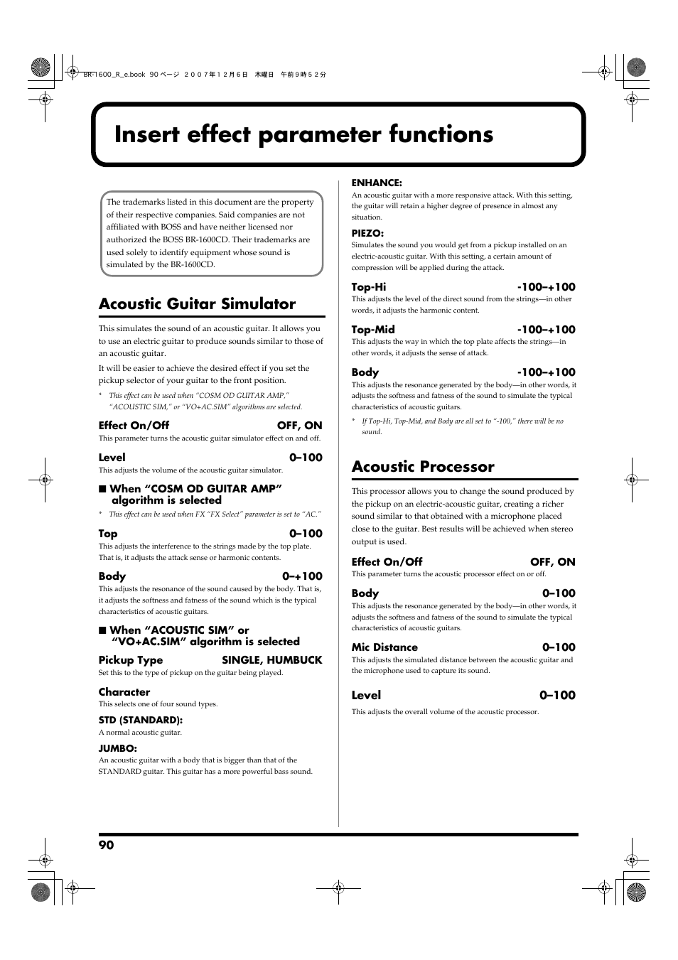 Insert effect parameter functions, Acoustic guitar simulator, Acoustic processor | Boss Audio Systems DIGITAL RECORDING STUDIO BR-1600CD User Manual | Page 90 / 312