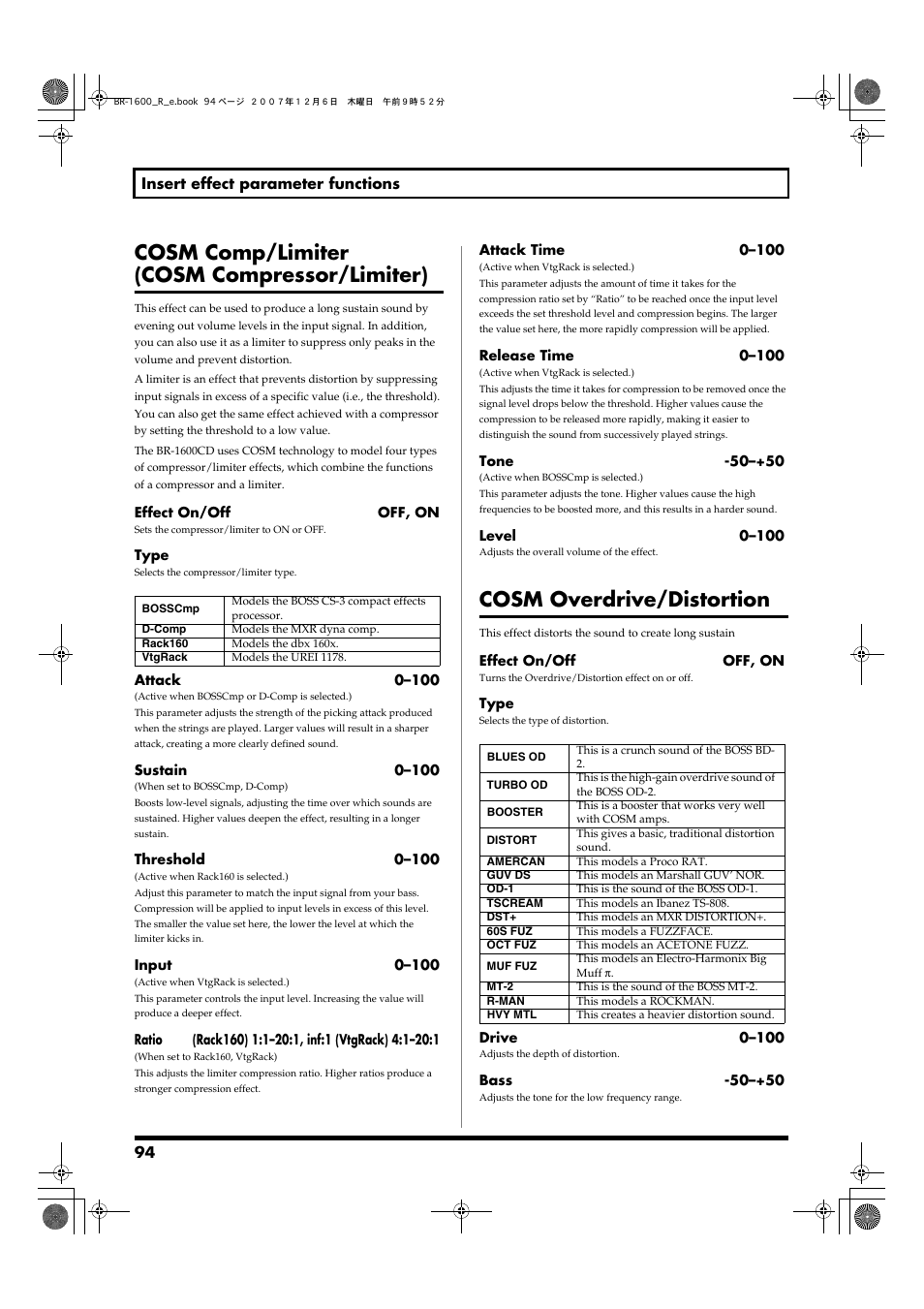 Cosm comp/limiter (cosm compressor/limiter), Cosm overdrive/distortion | Boss Audio Systems DIGITAL RECORDING STUDIO BR-1600CD User Manual | Page 94 / 312