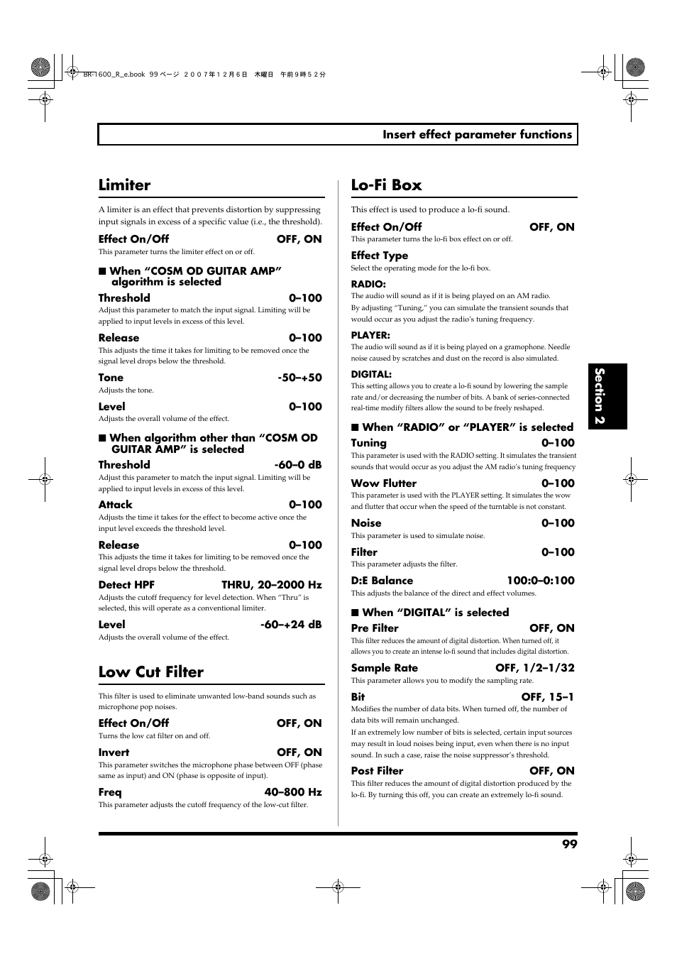 Limiter, Low cut filter, Lo-fi box | Boss Audio Systems DIGITAL RECORDING STUDIO BR-1600CD User Manual | Page 99 / 312