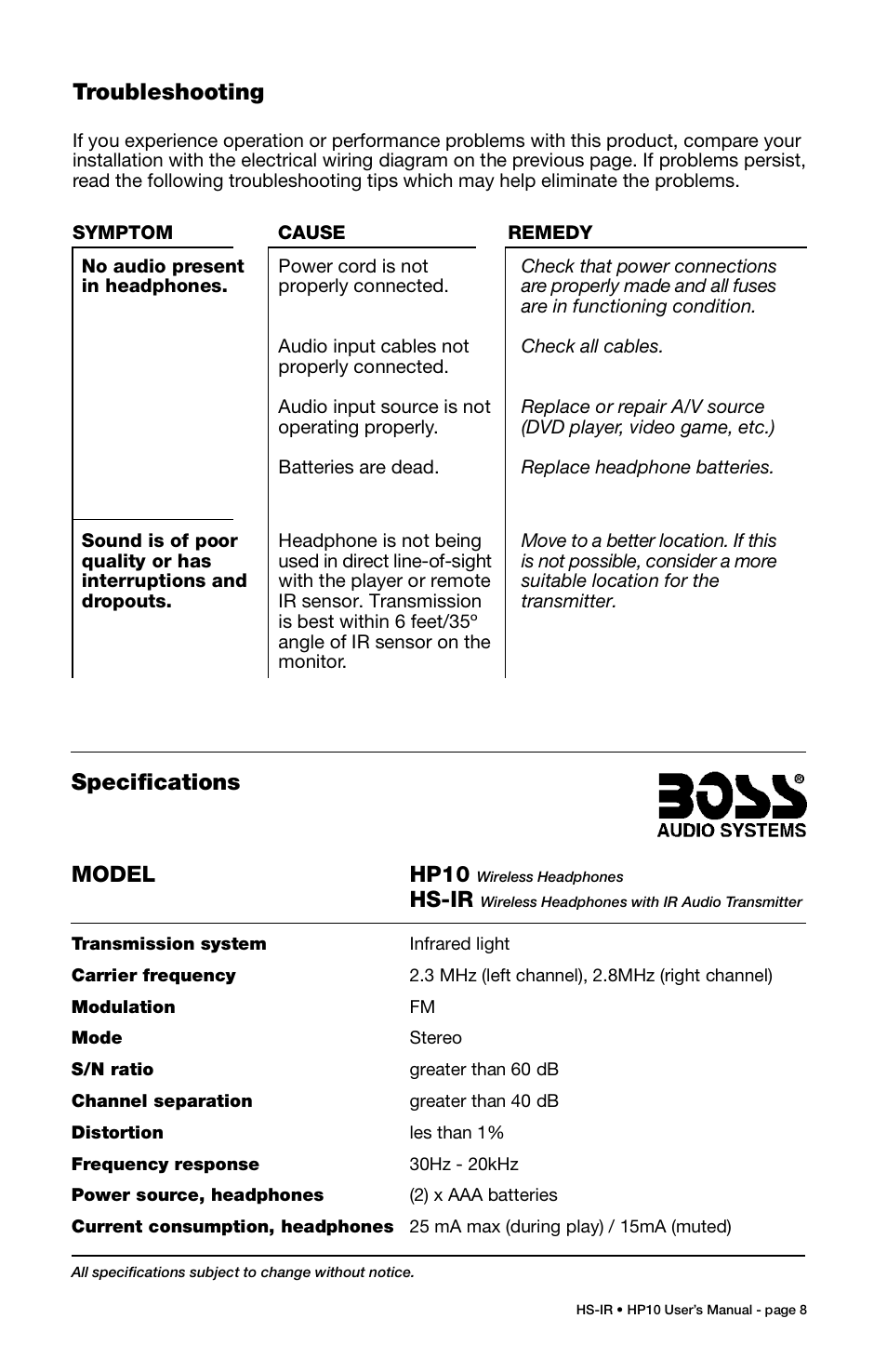 Boss Audio Systems HP-10 User Manual | Page 9 / 9